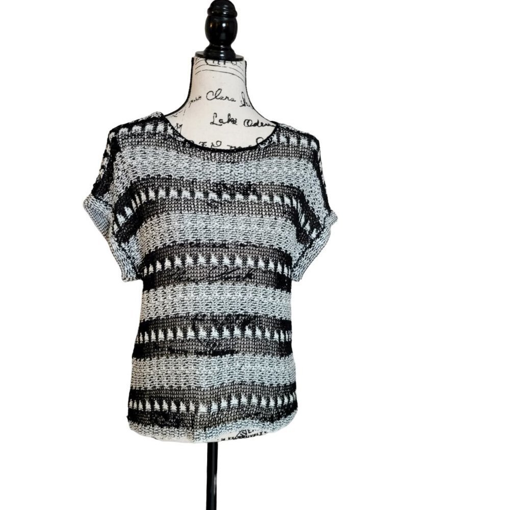 Chico's Black and White Open Knit Woven Top - Size S